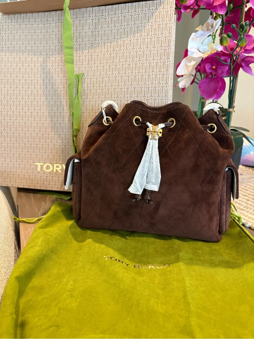 Tory Burch Brown Quilted Suede Drawstring Crossbody Bag